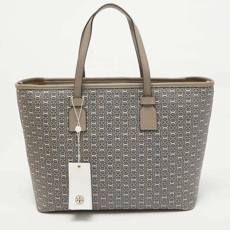 Pre Owned Tory Burch Grey Coated Canvas and Leather Small Gemini Link Tote