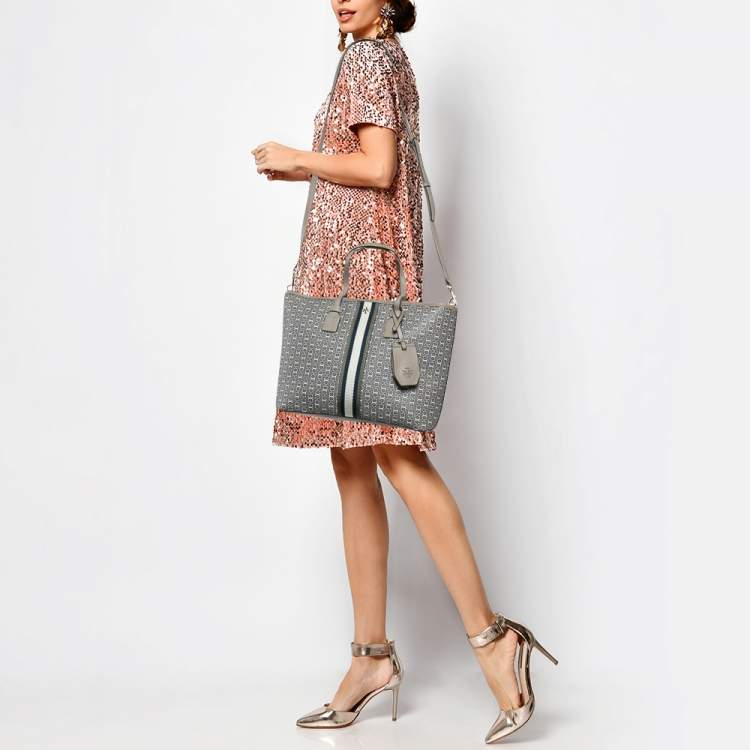 Pre Owned Tory Burch Grey Coated Canvas and Leather Small Gemini Link Tote
