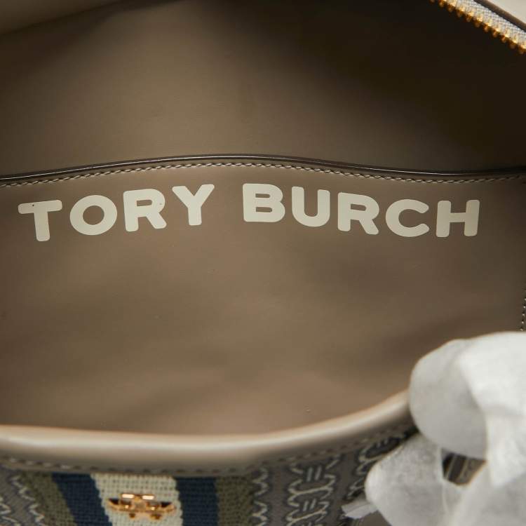 Pre Owned Tory Burch Grey Coated Canvas and Leather Small Gemini Link Tote