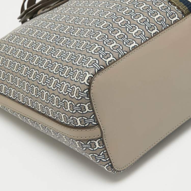 Pre Owned Tory Burch Grey Coated Canvas and Leather Small Gemini Link Tote