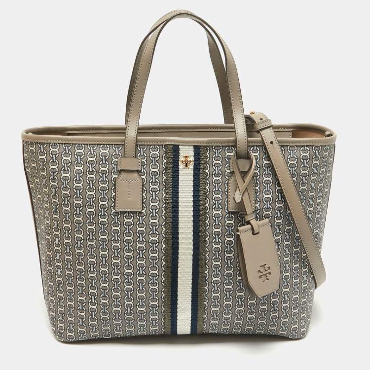 Pre Owned Tory Burch Grey Coated Canvas and Leather Small Gemini Link Tote