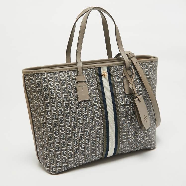 Pre Owned Tory Burch Grey Coated Canvas and Leather Small Gemini Link Tote