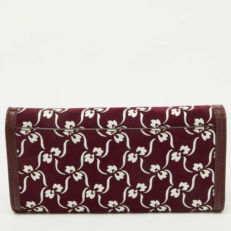 Pre Owned Tory Burch Burgundy Suede and Leather Japanese Floral Wallet on Chain