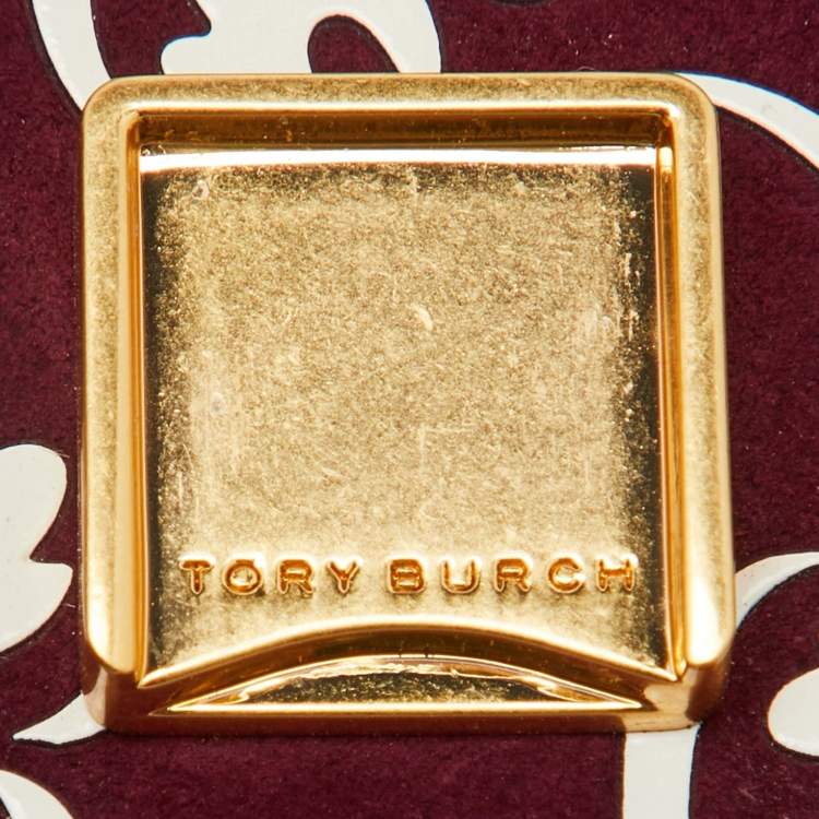 Pre Owned Tory Burch Burgundy Suede and Leather Japanese Floral Wallet on Chain