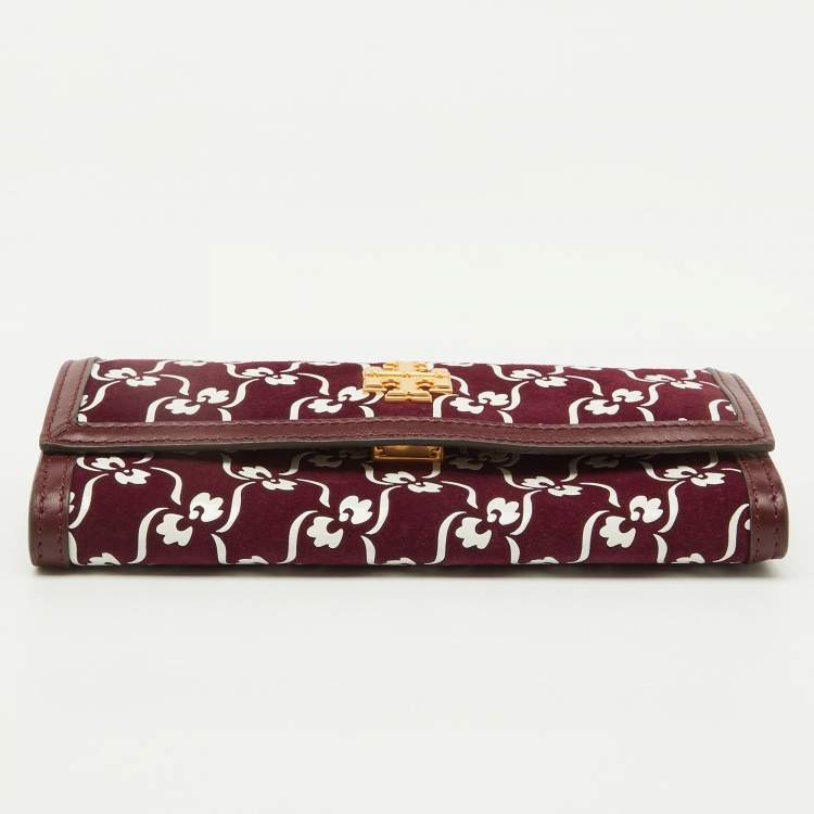 Pre Owned Tory Burch Burgundy Suede and Leather Japanese Floral Wallet on Chain