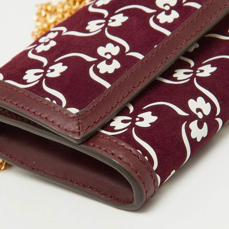 Pre Owned Tory Burch Burgundy Suede and Leather Japanese Floral Wallet on Chain