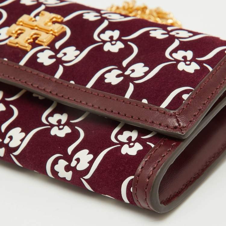 Pre Owned Tory Burch Burgundy Suede and Leather Japanese Floral Wallet on Chain