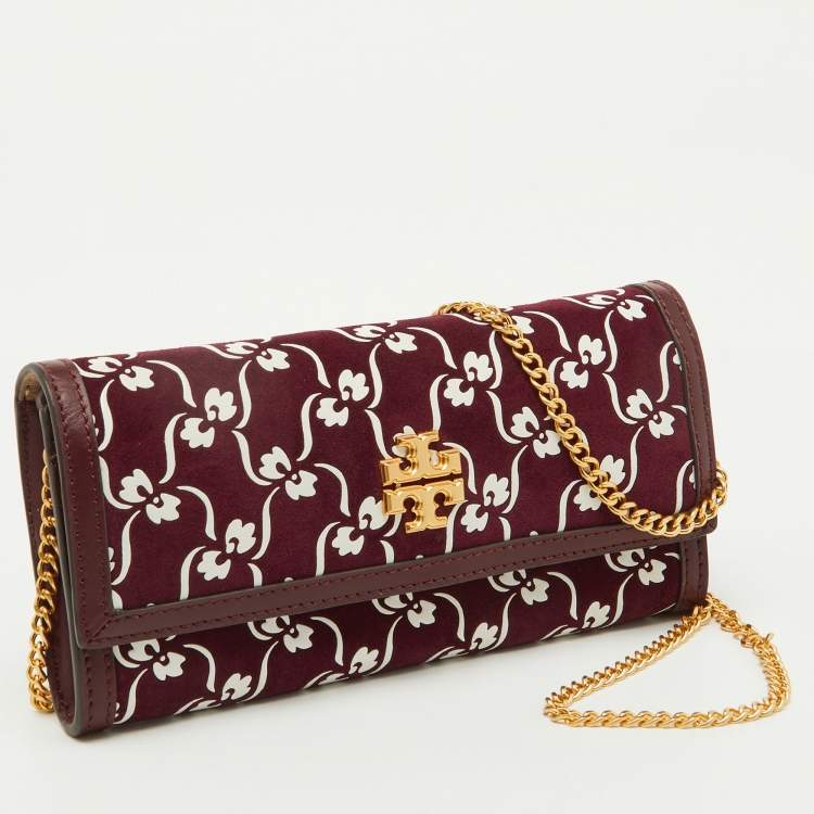 Pre Owned Tory Burch Burgundy Suede and Leather Japanese Floral Wallet on Chain