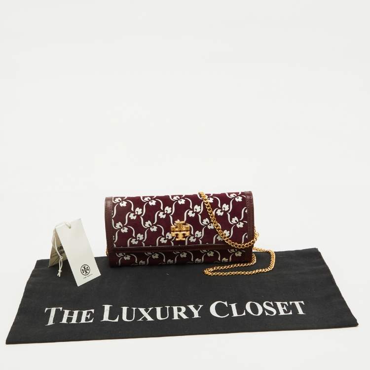 Pre Owned Tory Burch Burgundy Suede and Leather Japanese Floral Wallet on Chain