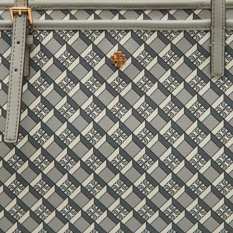 Pre Owned Tory Burch Grey Coated Canvas and Leather Geo Logo Top Zip Tote