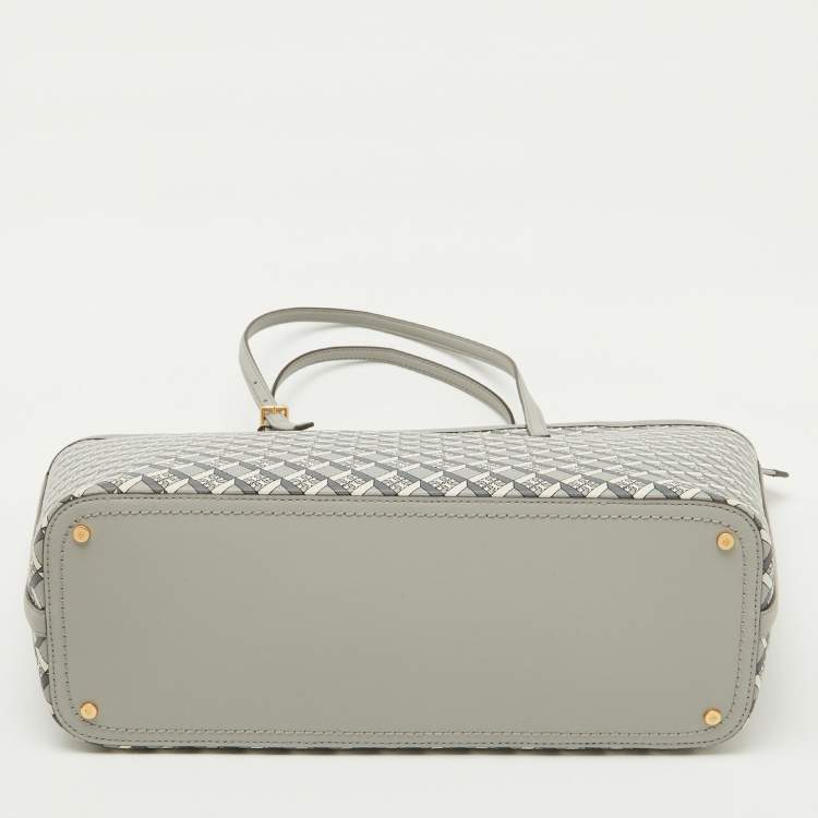 Pre Owned Tory Burch Grey Coated Canvas and Leather Geo Logo Top Zip Tote