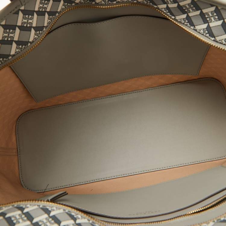 Pre Owned Tory Burch Grey Coated Canvas and Leather Geo Logo Top Zip Tote