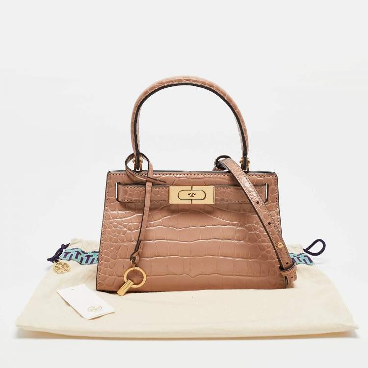 Pre Owned Tory Burch Beige Croc Embossed Leather Petite Lee Radziwill Top Handle Bag
