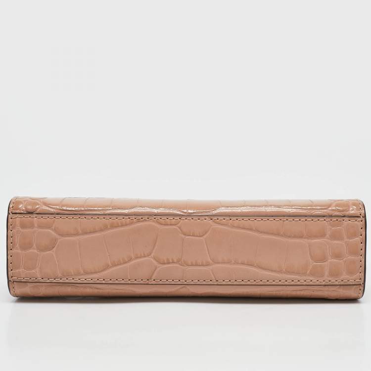 Pre Owned Tory Burch Beige Croc Embossed Leather Petite Lee Radziwill Top Handle Bag