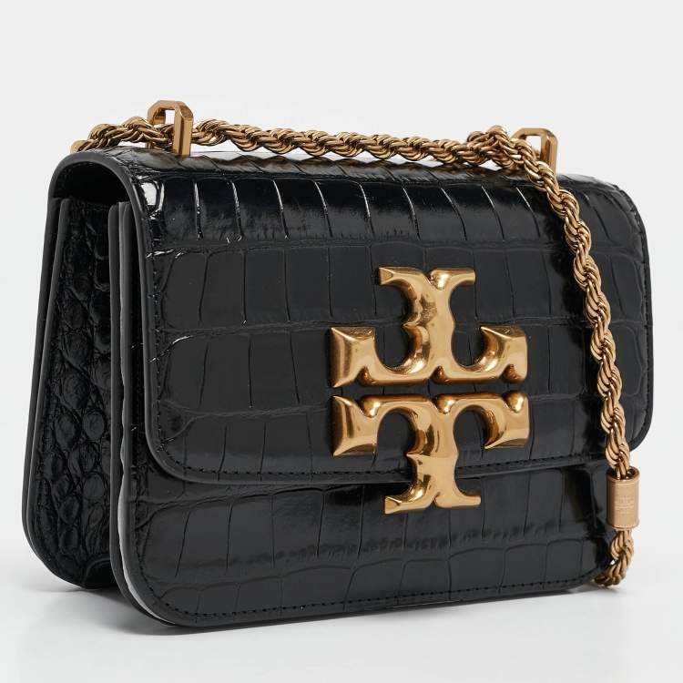 Pre Owned Tory Burch Black Croc Embossed Leather Small Eleanor Convertible Bag