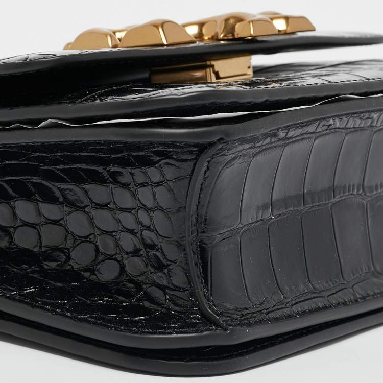 Pre Owned Tory Burch Black Croc Embossed Leather Small Eleanor Convertible Bag