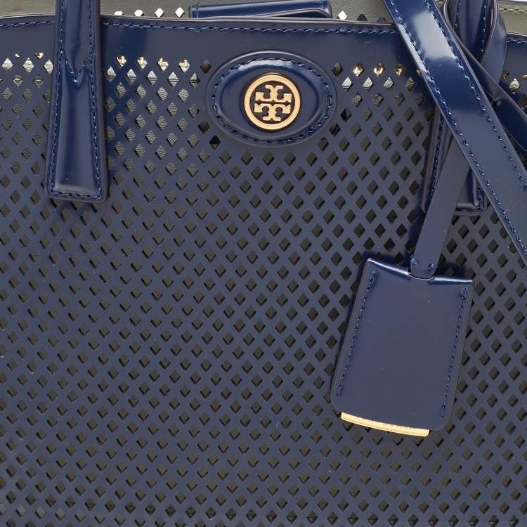 Pre Owned Tory Burch Navy Blue Perforated Leather Small Robinson Tote