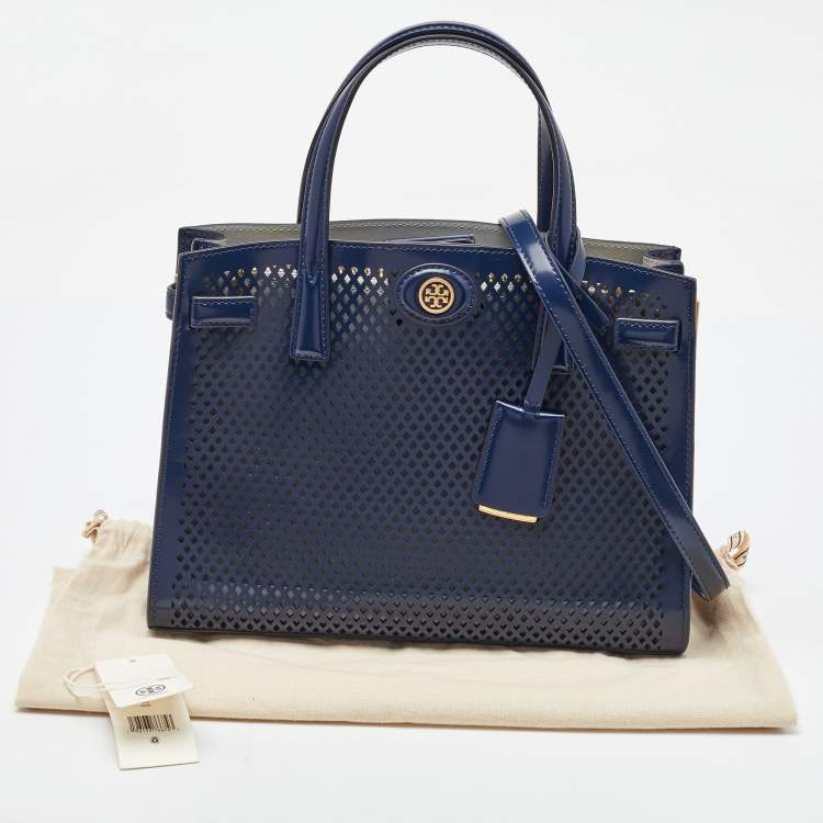 Pre Owned Tory Burch Navy Blue Perforated Leather Small Robinson Tote