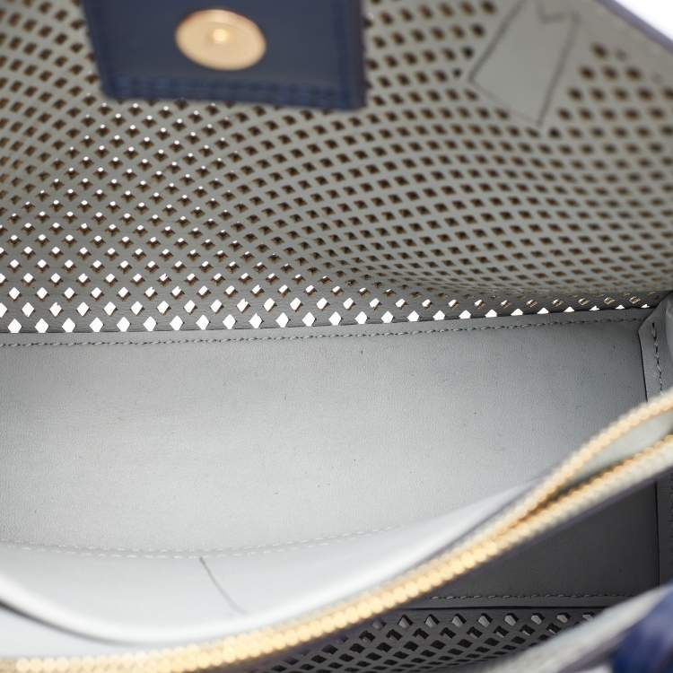 Pre Owned Tory Burch Navy Blue Perforated Leather Small Robinson Tote