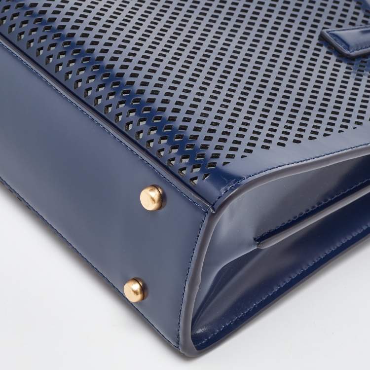 Pre Owned Tory Burch Navy Blue Perforated Leather Small Robinson Tote