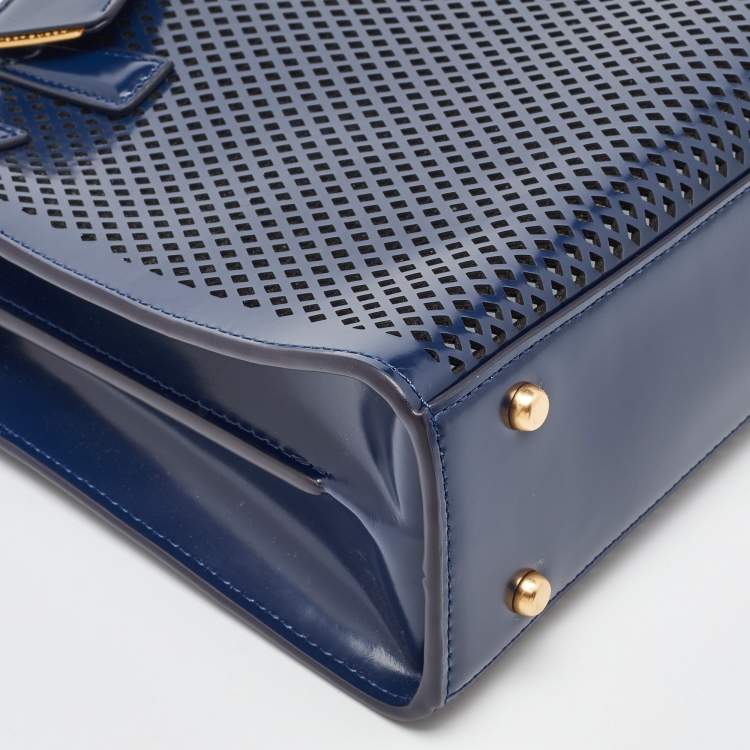 Pre Owned Tory Burch Navy Blue Perforated Leather Small Robinson Tote