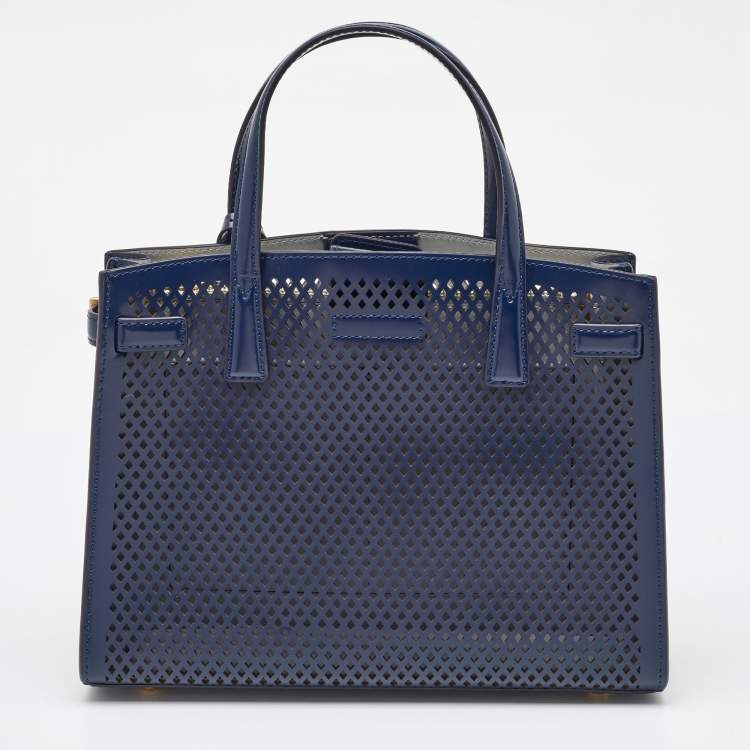 Pre Owned Tory Burch Navy Blue Perforated Leather Small Robinson Tote