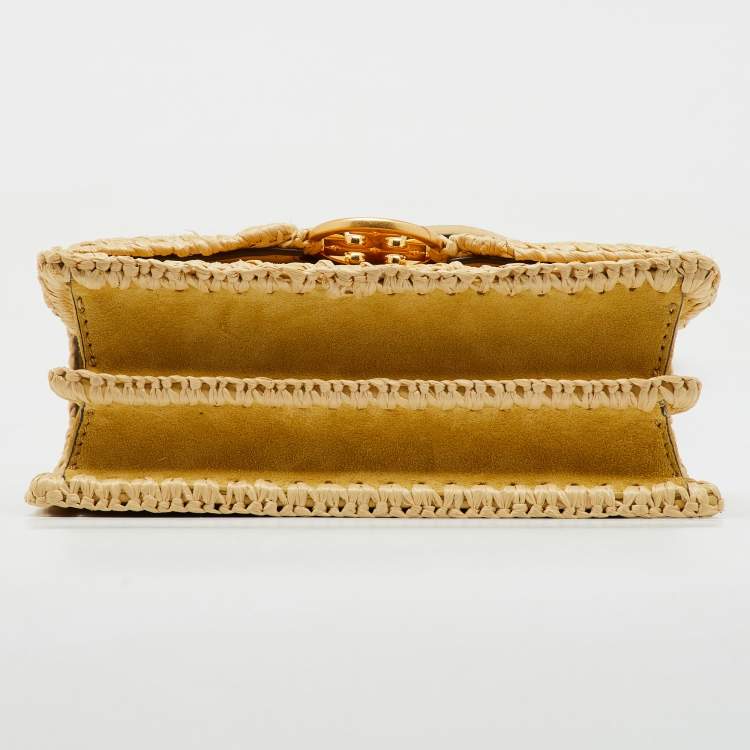 Pre Owned Tory Burch Beige/Yellow Raffia and Suede Miller Mini Flap Shoulder Bag