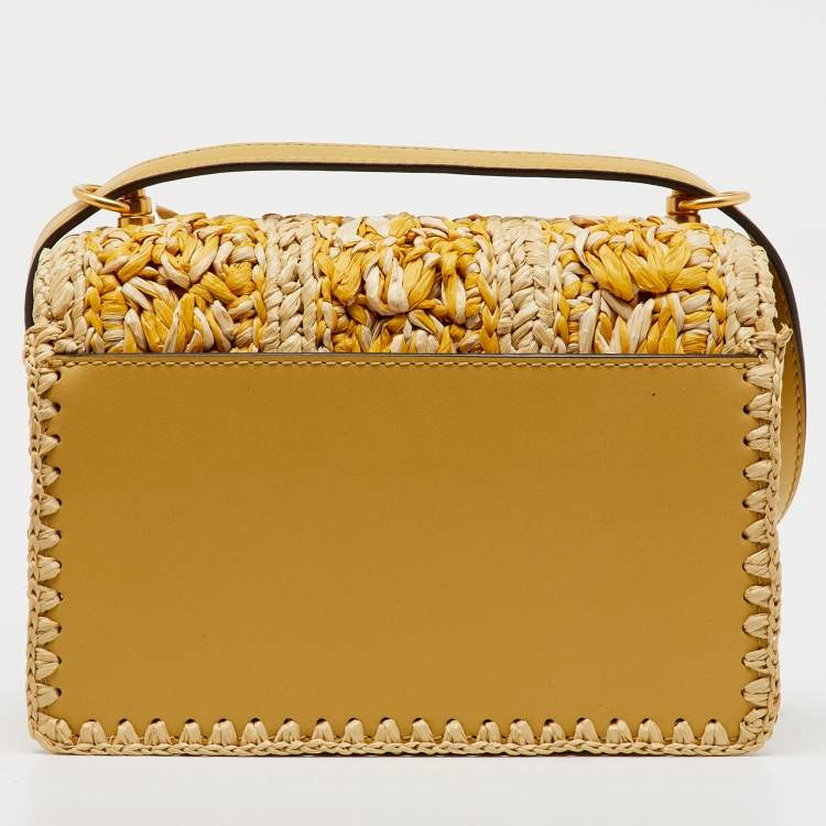 Pre Owned Tory Burch Beige/Yellow Raffia and Suede Miller Mini Flap Shoulder Bag