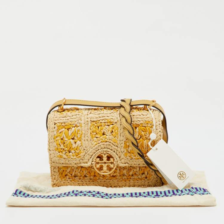 Pre Owned Tory Burch Beige/Yellow Raffia and Suede Miller Mini Flap Shoulder Bag