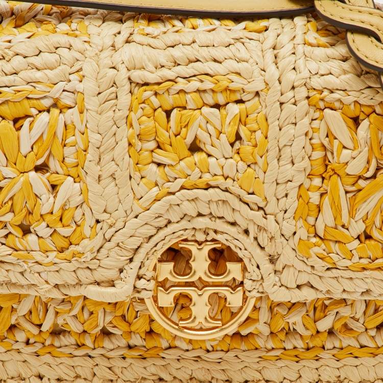 Pre Owned Tory Burch Beige/Yellow Raffia and Suede Miller Mini Flap Shoulder Bag