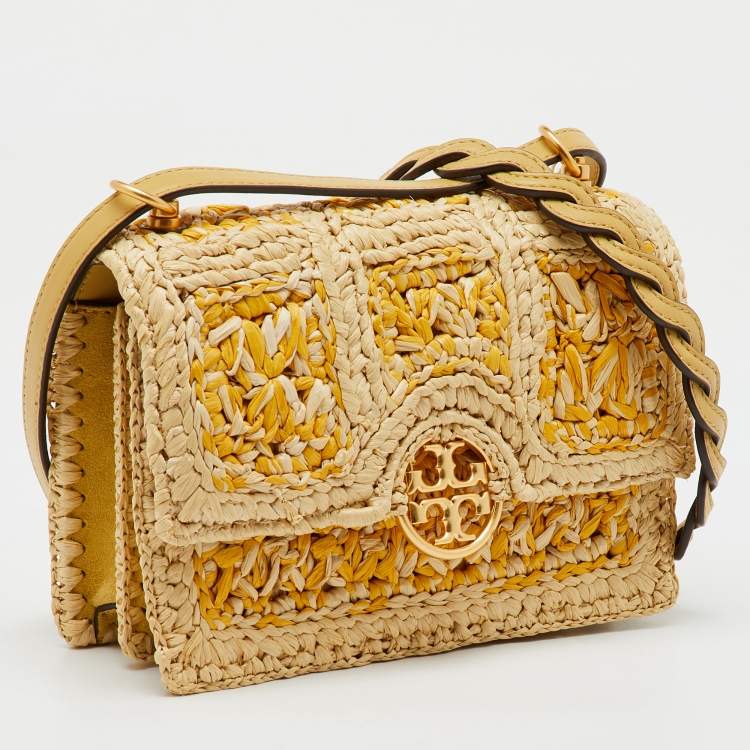 Pre Owned Tory Burch Beige/Yellow Raffia and Suede Miller Mini Flap Shoulder Bag