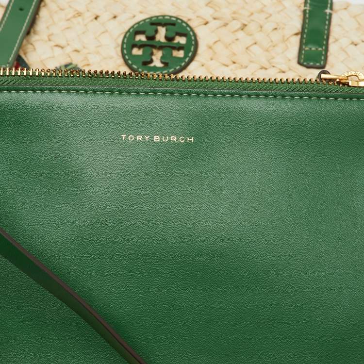 Pre Owned Tory Burch Beige/Green Woven Straw and Leather Embroidered Fruit Emerson Tote