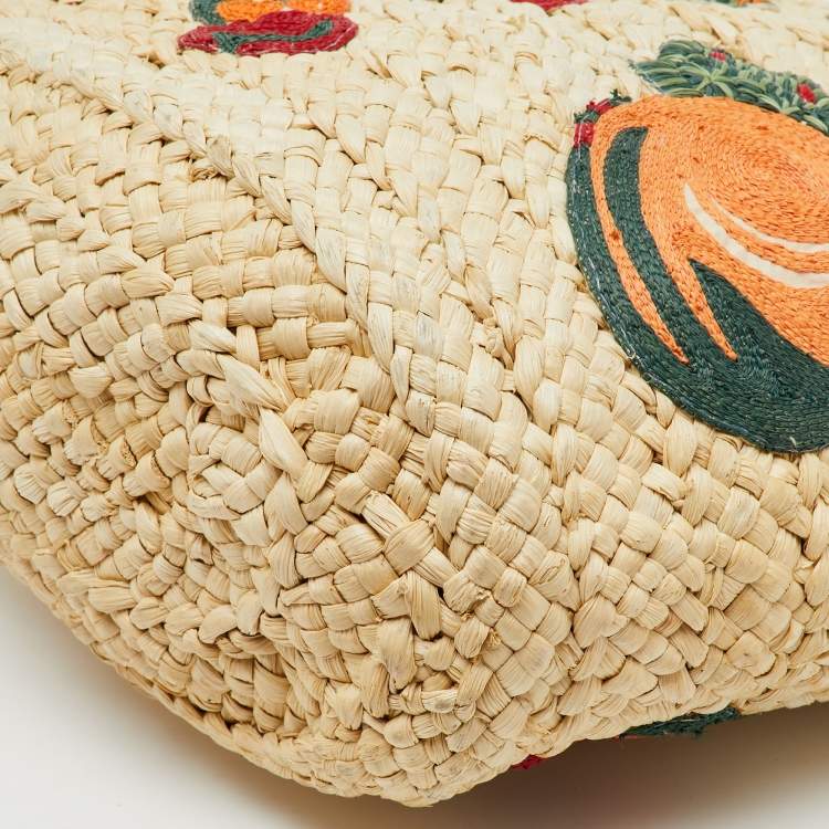 Pre Owned Tory Burch Beige/Green Woven Straw and Leather Embroidered Fruit Emerson Tote