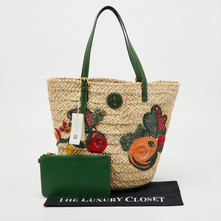 Pre Owned Tory Burch Beige/Green Woven Straw and Leather Embroidered Fruit Emerson Tote
