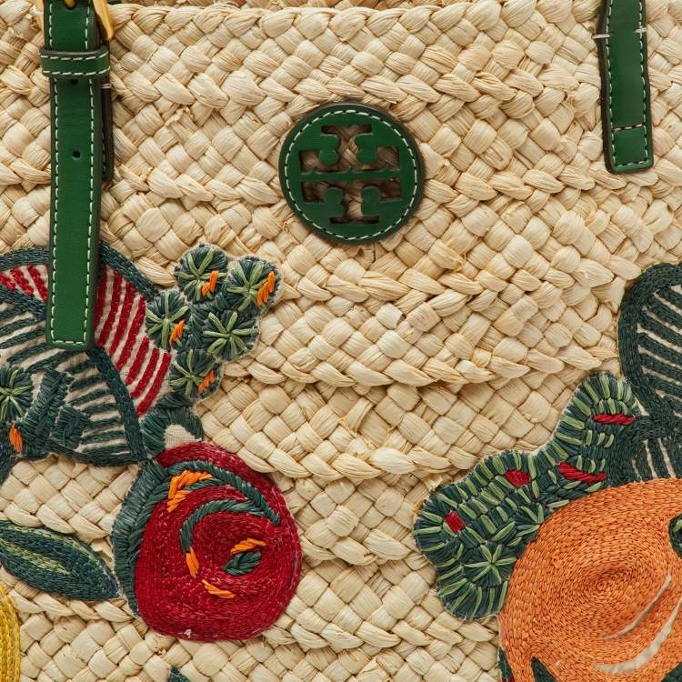 Pre Owned Tory Burch Beige/Green Woven Straw and Leather Embroidered Fruit Emerson Tote