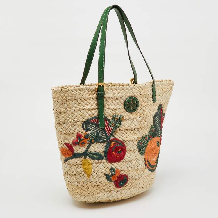 Pre Owned Tory Burch Beige/Green Woven Straw and Leather Embroidered Fruit Emerson Tote