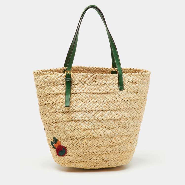 Pre Owned Tory Burch Beige/Green Woven Straw and Leather Embroidered Fruit Emerson Tote