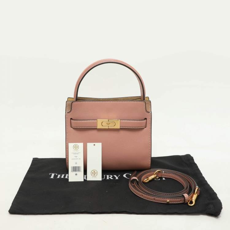 Pre Owned Tory Burch Peach/Beige Leather and Suede Petite Double Lee Radziwill Top Handle Bag
