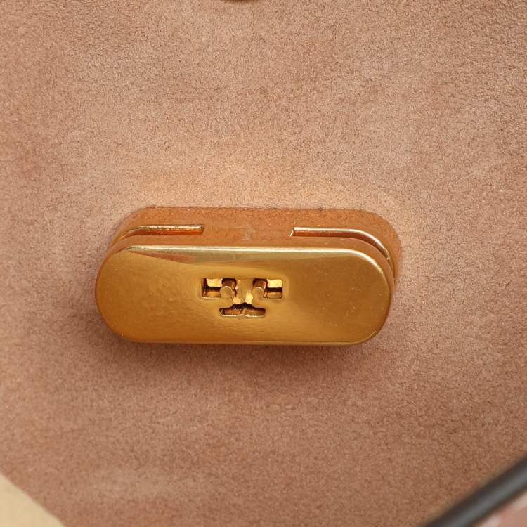 Pre Owned Tory Burch Peach/Beige Leather and Suede Petite Double Lee Radziwill Top Handle Bag
