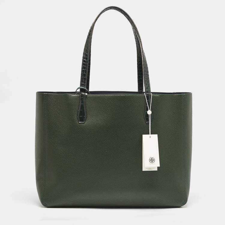 Pre Owned Tory Burch Jitney Green Leather and Croc Embossed Handle Blake Tote