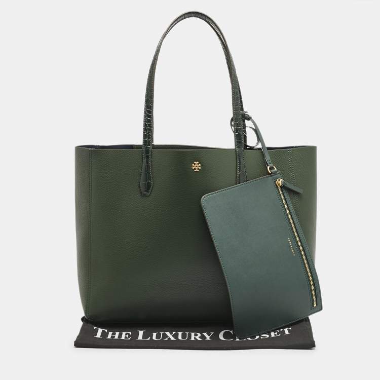 Pre Owned Tory Burch Jitney Green Leather and Croc Embossed Handle Blake Tote
