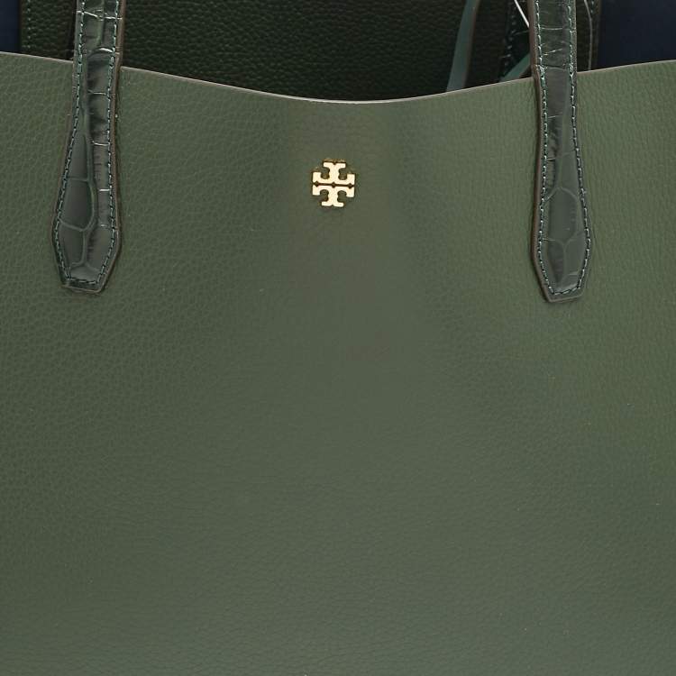 Pre Owned Tory Burch Jitney Green Leather and Croc Embossed Handle Blake Tote