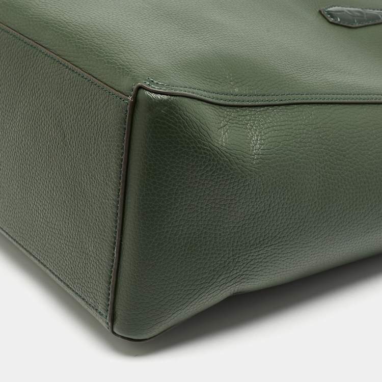 Pre Owned Tory Burch Jitney Green Leather and Croc Embossed Handle Blake Tote