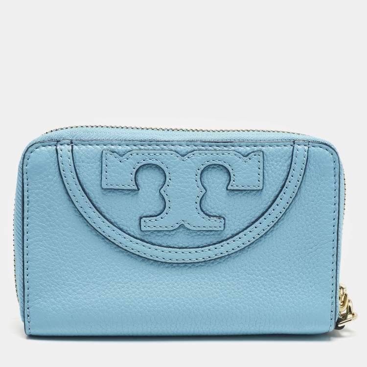 Pre Owned Tory Burch Light Blue Leather Zip Around Wristlet Wallet
