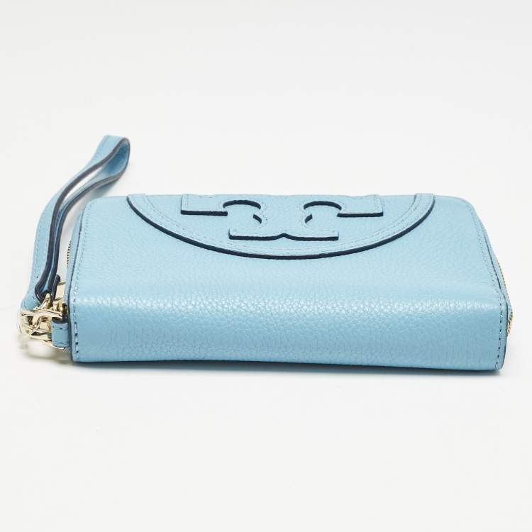 Pre Owned Tory Burch Light Blue Leather Zip Around Wristlet Wallet