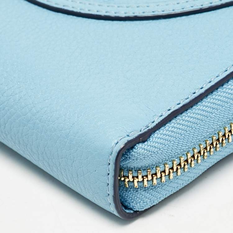 Pre Owned Tory Burch Light Blue Leather Zip Around Wristlet Wallet