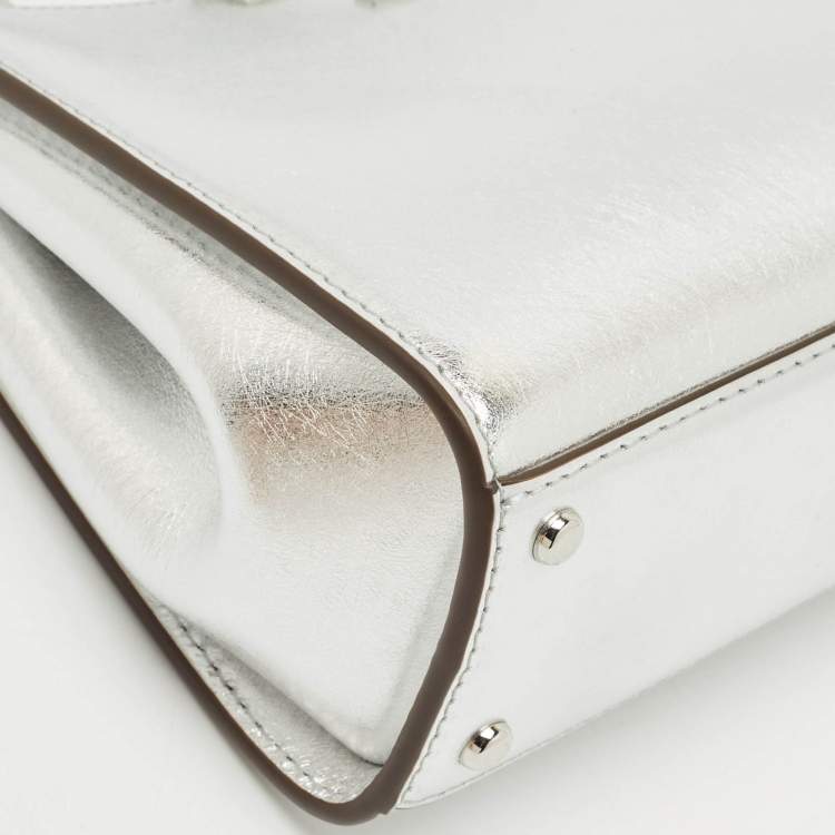 Pre Owned Tory Burch Metallic Silver Leather Mini Eleanor Top Handle Bag