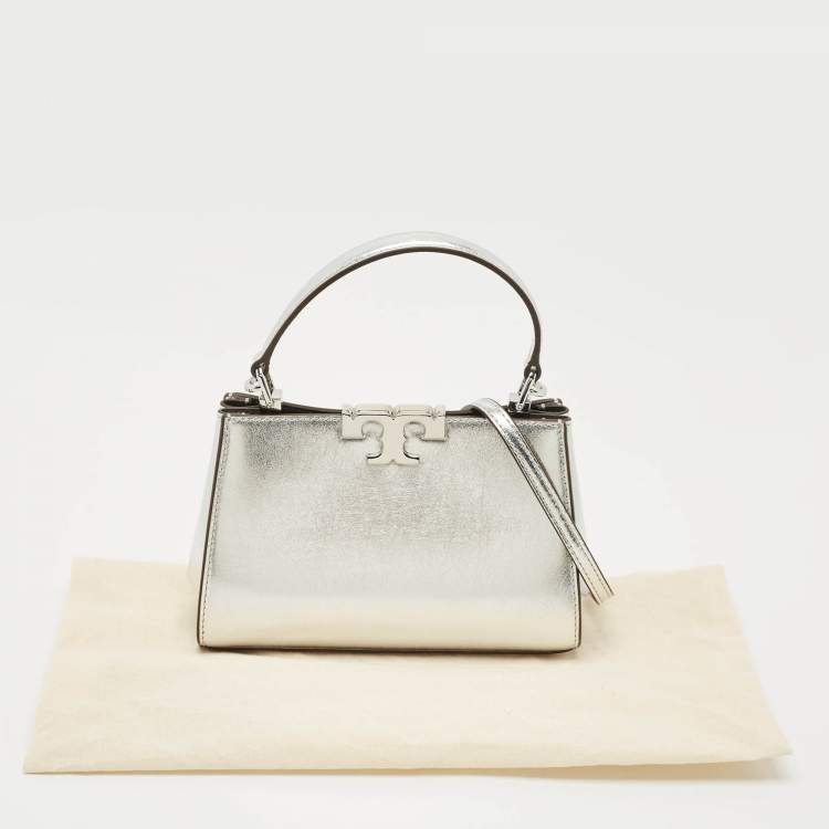Pre Owned Tory Burch Metallic Silver Leather Mini Eleanor Top Handle Bag