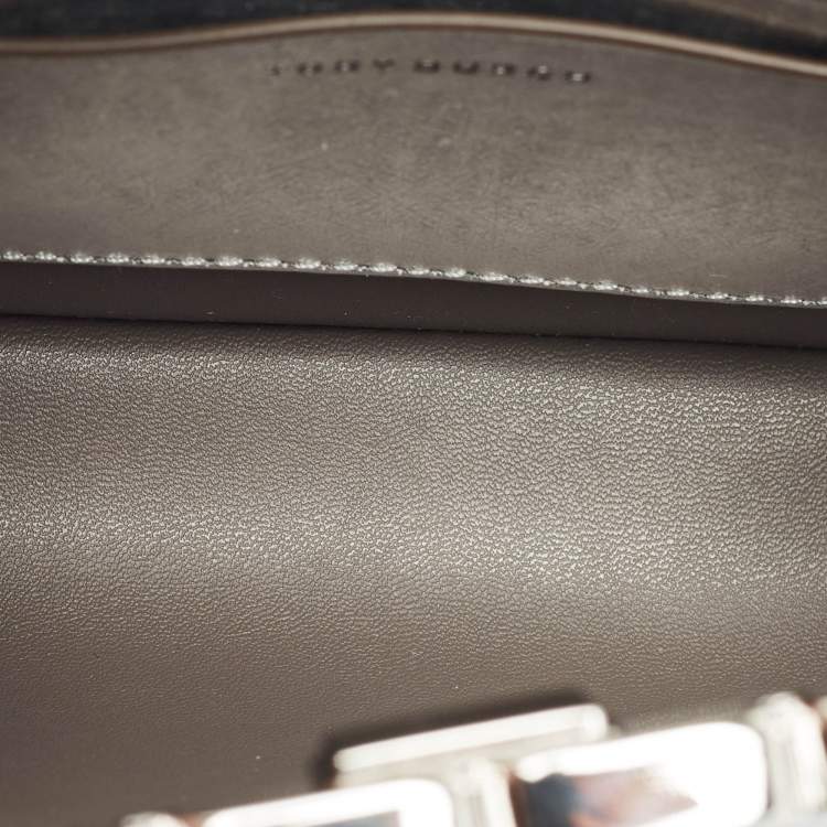 Pre Owned Tory Burch Metallic Silver Leather Mini Eleanor Top Handle Bag