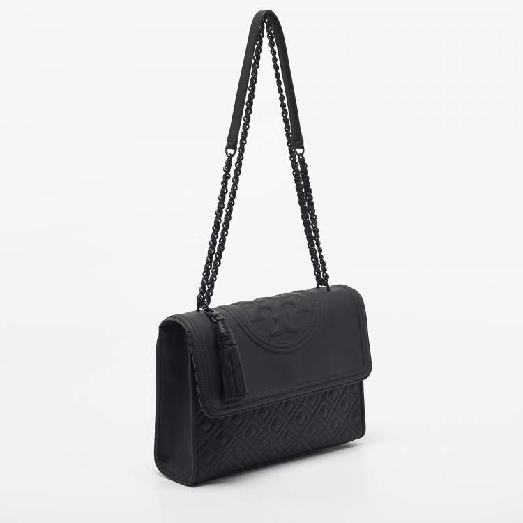 Pre Owned Tory Burch Matte Black Rubberized Faux Leather Fleming Convertible Shoulder Bag